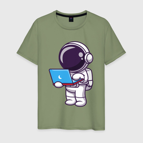 Мужская футболка хлопок с принтом Астронавт с ноутбуком в Кировске, 100% хлопок | прямой крой, круглый вырез горловины, длина до линии бедер, слегка спущенное плечо. | 