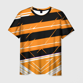 Мужская футболка 3D с принтом Чёрно белые полосы на оранжевом фоне в Тюмени, 100% полиэфир | прямой крой, круглый вырез горловины, длина до линии бедер | Тематика изображения на принте: 