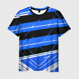 Мужская футболка 3D с принтом Чёрно белые полосы на синем фоне в Санкт-Петербурге, 100% полиэфир | прямой крой, круглый вырез горловины, длина до линии бедер | 