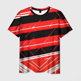 Мужская футболка 3D с принтом Чёрно белые полосы на  красном фоне в Новосибирске, 100% полиэфир | прямой крой, круглый вырез горловины, длина до линии бедер | 