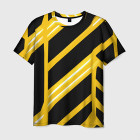 Мужская футболка 3D с принтом Чёрно белые полосы на жёлтом фоне в Новосибирске, 100% полиэфир | прямой крой, круглый вырез горловины, длина до линии бедер | Тематика изображения на принте: 