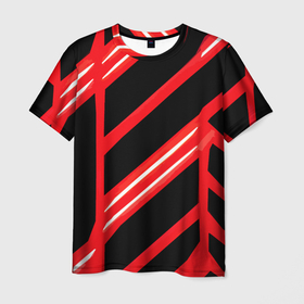 Мужская футболка 3D с принтом Чёрно белые полосы на красном фоне в Новосибирске, 100% полиэфир | прямой крой, круглый вырез горловины, длина до линии бедер | 