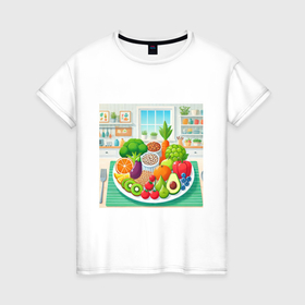 Женская футболка хлопок с принтом Тарелка с овощами и фруктами в Петрозаводске, 100% хлопок | прямой крой, круглый вырез горловины, длина до линии бедер, слегка спущенное плечо | Тематика изображения на принте: 