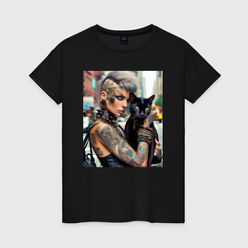 Женская футболка хлопок с принтом Девчонка панк в татухах с чёрным котом   нейросеть в Белгороде, 100% хлопок | прямой крой, круглый вырез горловины, длина до линии бедер, слегка спущенное плечо | 