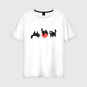 Женская футболка хлопок Oversize с принтом Черные котята с красным клубком в Кировске, 100% хлопок | свободный крой, круглый ворот, спущенный рукав, длина до линии бедер
 | 