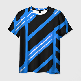 Мужская футболка 3D с принтом Black and white stripes on a blue background в Кировске, 100% полиэфир | прямой крой, круглый вырез горловины, длина до линии бедер | Тематика изображения на принте: 