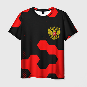 Мужская футболка 3D с принтом Герб РФ спортивный стиль соты в Белгороде, 100% полиэфир | прямой крой, круглый вырез горловины, длина до линии бедер | 