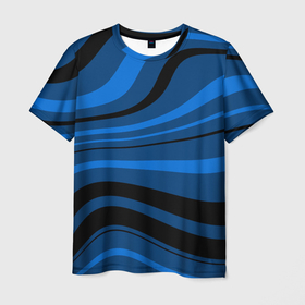 Мужская футболка 3D с принтом Синий волнистые линии в Тюмени, 100% полиэфир | прямой крой, круглый вырез горловины, длина до линии бедер | 