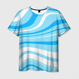 Мужская футболка 3D с принтом Бело голубой волнистые линии в Тюмени, 100% полиэфир | прямой крой, круглый вырез горловины, длина до линии бедер | 
