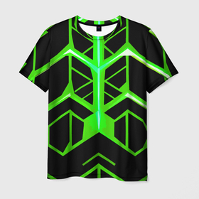 Мужская футболка 3D с принтом Green lines on a black background в Санкт-Петербурге, 100% полиэфир | прямой крой, круглый вырез горловины, длина до линии бедер | Тематика изображения на принте: 
