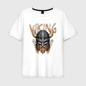 Мужская футболка хлопок Oversize с принтом Шлем викинга в Белгороде, 100% хлопок | свободный крой, круглый ворот, “спинка” длиннее передней части | Тематика изображения на принте: 