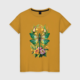 Женская футболка хлопок с принтом Зеленая стрекоза среди цветов в Екатеринбурге, 100% хлопок | прямой крой, круглый вырез горловины, длина до линии бедер, слегка спущенное плечо | Тематика изображения на принте: 