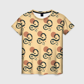 Женская футболка 3D с принтом Минималистичная черная змея в стиле бохо в Рязани, 100% полиэфир ( синтетическое хлопкоподобное полотно) | прямой крой, круглый вырез горловины, длина до линии бедер | 