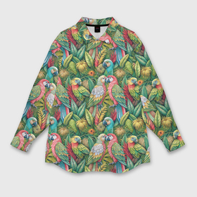 Женская рубашка oversize 3D с принтом Влюбленные попугаи в листьях в Тюмени,  |  | Тематика изображения на принте: 