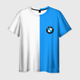 Мужская футболка 3D с принтом BMW sport blue white в Тюмени, 100% полиэфир | прямой крой, круглый вырез горловины, длина до линии бедер | Тематика изображения на принте: 