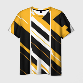 Мужская футболка 3D с принтом Black and yellow stripes on a white background в Кировске, 100% полиэфир | прямой крой, круглый вырез горловины, длина до линии бедер | 