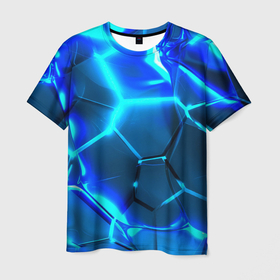 Мужская футболка 3D с принтом Неоновые  холодные голубые плиты в разломе в Петрозаводске, 100% полиэфир | прямой крой, круглый вырез горловины, длина до линии бедер | 