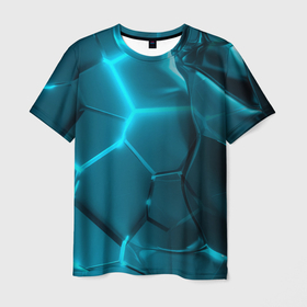 Мужская футболка 3D с принтом Неоновые холодные голубые плиты   в разломе в Петрозаводске, 100% полиэфир | прямой крой, круглый вырез горловины, длина до линии бедер | 