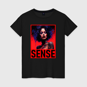 Женская футболка хлопок с принтом Sense: дерзкая брюнетка в Екатеринбурге, 100% хлопок | прямой крой, круглый вырез горловины, длина до линии бедер, слегка спущенное плечо | 