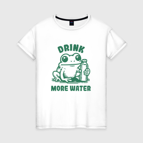 Женская футболка хлопок с принтом Забавная лягушка с бутылкой воды пей больше воды в Тюмени, 100% хлопок | прямой крой, круглый вырез горловины, длина до линии бедер, слегка спущенное плечо | Тематика изображения на принте: 
