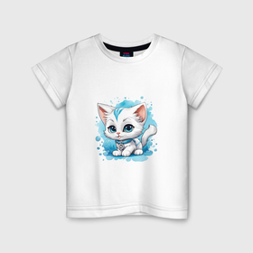 Детская футболка хлопок с принтом Милый котёнок с большими глазами в Санкт-Петербурге, 100% хлопок | круглый вырез горловины, полуприлегающий силуэт, длина до линии бедер | 