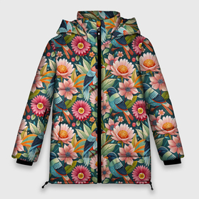 Женская зимняя куртка Oversize с принтом Тропические птицы в цветах в Новосибирске, верх — 100% полиэстер; подкладка — 100% полиэстер; утеплитель — 100% полиэстер | длина ниже бедра, силуэт Оверсайз. Есть воротник-стойка, отстегивающийся капюшон и ветрозащитная планка. 

Боковые карманы с листочкой на кнопках и внутренний карман на молнии | 