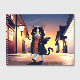 Альбом для рисования с принтом Чёрно белый кот в одежде гуляющий по городу , 100% бумага
 | матовая бумага, плотность 200 мг. | 