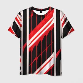 Мужская футболка 3D с принтом Red and white lines on a black background в Белгороде, 100% полиэфир | прямой крой, круглый вырез горловины, длина до линии бедер | 
