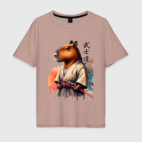 Мужская футболка хлопок Oversize с принтом Capybara samurai   ai art fantasy в Тюмени, 100% хлопок | свободный крой, круглый ворот, “спинка” длиннее передней части | Тематика изображения на принте: 