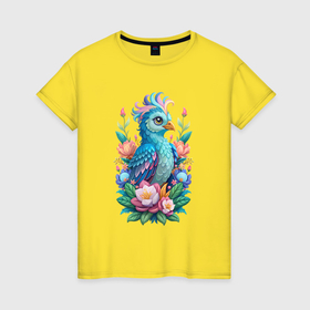 Женская футболка хлопок с принтом Голубая птица среди цветов , 100% хлопок | прямой крой, круглый вырез горловины, длина до линии бедер, слегка спущенное плечо | 