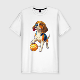 Мужская футболка хлопок Slim с принтом Собака с жёлтым мячом в Кировске, 92% хлопок, 8% лайкра | приталенный силуэт, круглый вырез ворота, длина до линии бедра, короткий рукав | 