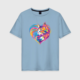 Женская футболка хлопок Oversize с принтом Яркий котёнок в сердце , 100% хлопок | свободный крой, круглый ворот, спущенный рукав, длина до линии бедер
 | 