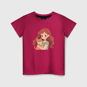 Детская футболка хлопок с принтом Девочка с рыжим котёнком в Санкт-Петербурге, 100% хлопок | круглый вырез горловины, полуприлегающий силуэт, длина до линии бедер | 