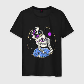 Мужская футболка хлопок с принтом Скелет в гавайской рубашке в Тюмени, 100% хлопок | прямой крой, круглый вырез горловины, длина до линии бедер, слегка спущенное плечо. | Тематика изображения на принте: 
