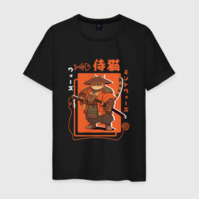 Мужская футболка хлопок с принтом Кот странник   самурай в Кировске, 100% хлопок | прямой крой, круглый вырез горловины, длина до линии бедер, слегка спущенное плечо. | 