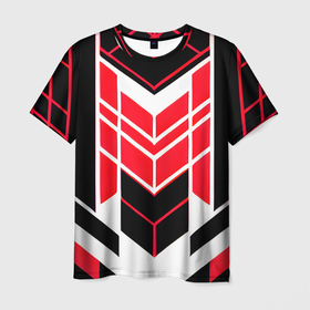 Мужская футболка 3D с принтом Red and white lines on a black background в Екатеринбурге, 100% полиэфир | прямой крой, круглый вырез горловины, длина до линии бедер | Тематика изображения на принте: 