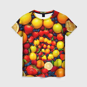 Женская футболка 3D с принтом фрукты и ягоды в Кировске, 100% полиэфир ( синтетическое хлопкоподобное полотно) | прямой крой, круглый вырез горловины, длина до линии бедер | 