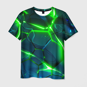Мужская футболка 3D с принтом Неоновые яркие зеленые разломленные плиты со светом в Курске, 100% полиэфир | прямой крой, круглый вырез горловины, длина до линии бедер | 
