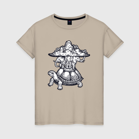 Женская футболка хлопок с принтом Слоны и черепаха в Тюмени, 100% хлопок | прямой крой, круглый вырез горловины, длина до линии бедер, слегка спущенное плечо | 