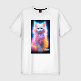 Мужская футболка хлопок Slim с принтом Неоновый фантастический котенок в Курске, 92% хлопок, 8% лайкра | приталенный силуэт, круглый вырез ворота, длина до линии бедра, короткий рукав | 