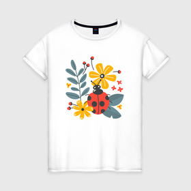 Женская футболка хлопок с принтом Божья коровка с растениями и цветами в Петрозаводске, 100% хлопок | прямой крой, круглый вырез горловины, длина до линии бедер, слегка спущенное плечо | Тематика изображения на принте: 