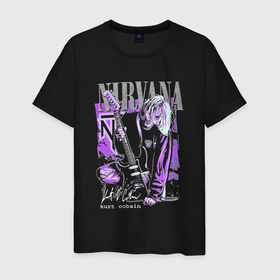 Мужская футболка хлопок с принтом Нирвана Кобейн с гитарой в Санкт-Петербурге, 100% хлопок | прямой крой, круглый вырез горловины, длина до линии бедер, слегка спущенное плечо. | 