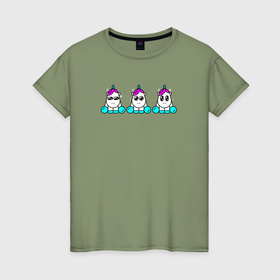 Женская футболка хлопок с принтом Три белых единорога в Кировске, 100% хлопок | прямой крой, круглый вырез горловины, длина до линии бедер, слегка спущенное плечо | 