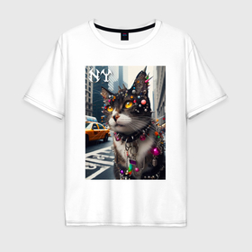 Мужская футболка хлопок Oversize с принтом Пирсинг Нью Йоркского кота   нейросеть в Петрозаводске, 100% хлопок | свободный крой, круглый ворот, “спинка” длиннее передней части | Тематика изображения на принте: 