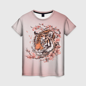 Женская футболка 3D с принтом Тигр и ветки сакуры в Кировске, 100% полиэфир ( синтетическое хлопкоподобное полотно) | прямой крой, круглый вырез горловины, длина до линии бедер | 