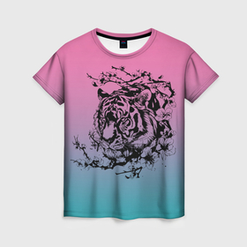 Женская футболка 3D с принтом Тигр и ветки сакуры татуировка в Кировске, 100% полиэфир ( синтетическое хлопкоподобное полотно) | прямой крой, круглый вырез горловины, длина до линии бедер | 