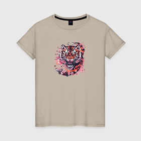 Женская футболка хлопок с принтом Розовые цветы сакуры и тигр в Санкт-Петербурге, 100% хлопок | прямой крой, круглый вырез горловины, длина до линии бедер, слегка спущенное плечо | 