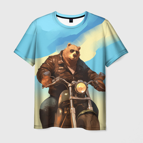 Мужская футболка 3D с принтом Медведь на мотоцикле   байкер в Белгороде, 100% полиэфир | прямой крой, круглый вырез горловины, длина до линии бедер | 