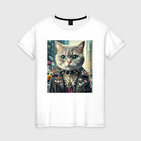 Женская футболка хлопок с принтом Прикольный котик фанат тяжёлого рока   нейросеть в Тюмени, 100% хлопок | прямой крой, круглый вырез горловины, длина до линии бедер, слегка спущенное плечо | 