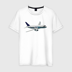 Мужская футболка хлопок с принтом Опытный самолет SJ 100 ВС 95005 в Новосибирске, 100% хлопок | прямой крой, круглый вырез горловины, длина до линии бедер, слегка спущенное плечо. | 